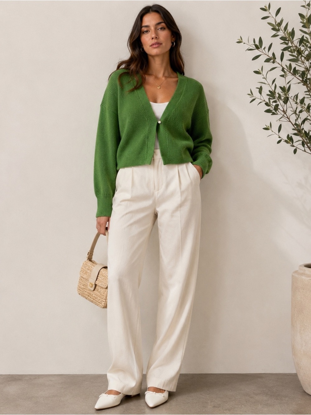 Reformation Cashmere Cardigan Kelly Green Pearl Button Sweater Large Boxy Crop